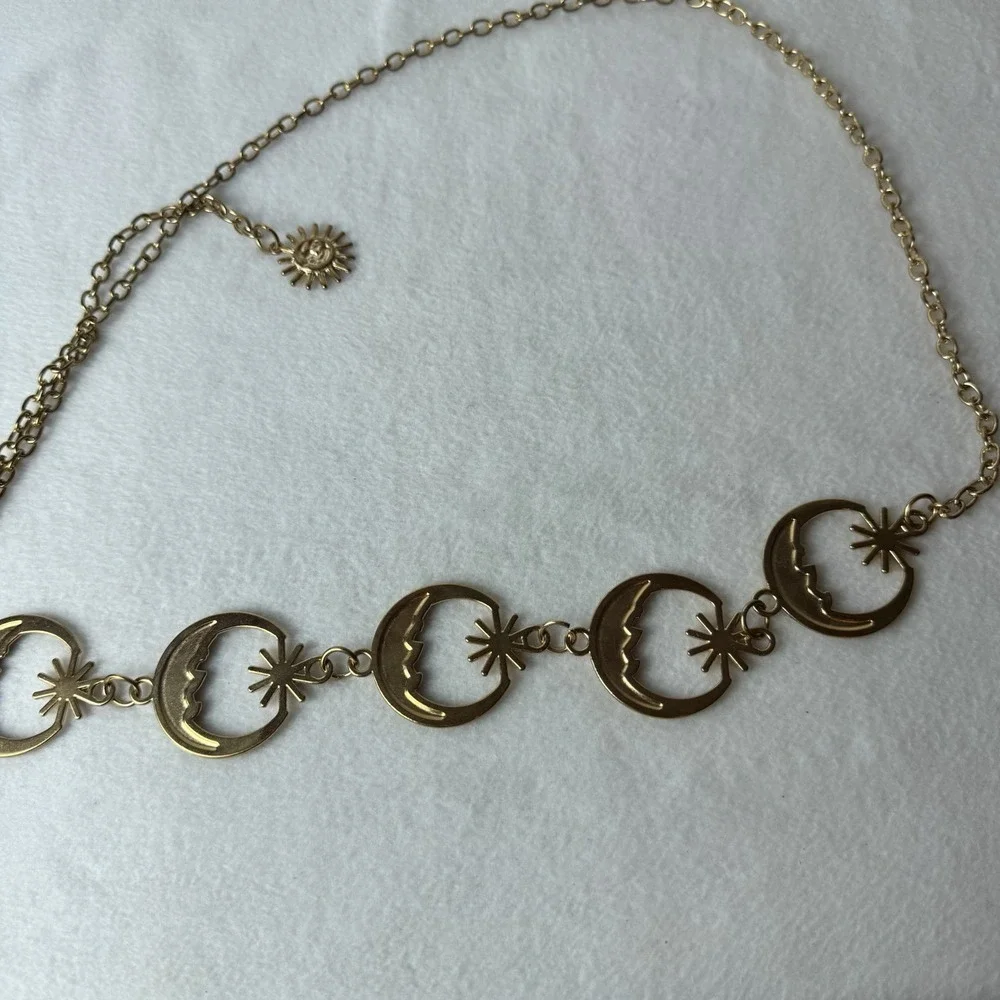 Gold Tone Celestial Crescent Moon Face Star Chain Belt Sun Charm One Size 42.5
